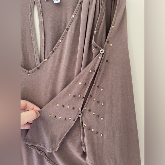 Vintage Y2K Cache Tunic Mini Dress Cold Shoulder Honey Beige Size Medium - Picture 9 of 15